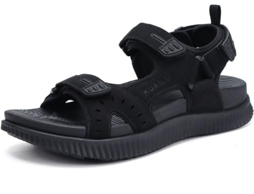 KuaiLu Herren Leder Wandersandalen Bequeme Orthopädische Recovery Trekkingsandalen Outdoor Sommer Casual Strand Dickes Kissen Sportsandalen, 45 Schwarz