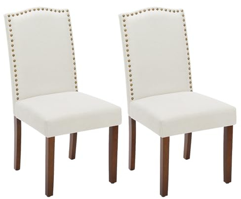 Sweetcrispy Esszimmerstühle 2er-Set, hochwertiger gepolsterter Esszimmerstuhl aus Leder mit Nagelkopfbesatz und Holzbeinen, Esszimmerstuhl für Schlafzimmer, Wohnzimmer, Esszimmer, Weiß