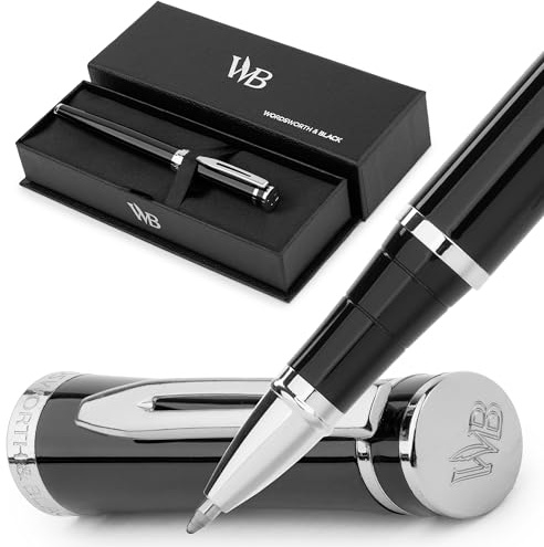 Wordsworth & Black Tintenroller Metall Hochwertig, Nachfüllbar,Schwarzchrom | Rollerball Pen, Mit Patrone, Geschenk für Männer & Frauen, Flüssige Tinte, Schreiben & Journaling, Ersatzmine