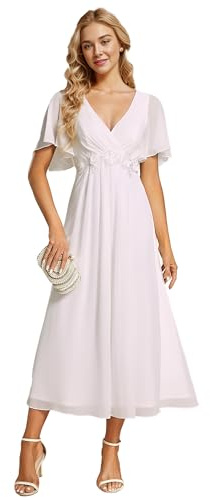 Ever-Pretty Vestito Donna Elegante Abito Cerimonia Donna con Applique e Collo V Midi Maniche a Volant Chiffon Stile Impero Bianco 36