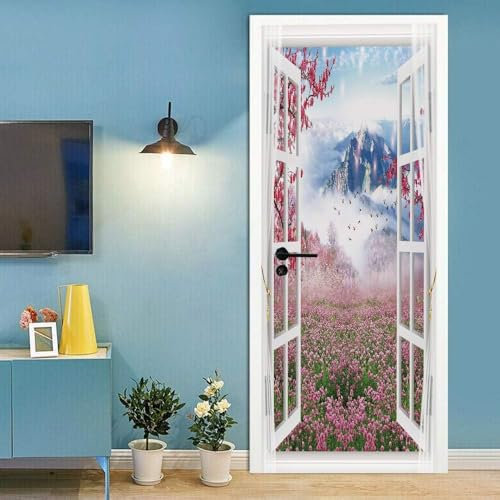 3D Tür Aufkleber Für Schlafzimmer Küche Toilette Bergblumenfeldlandschaft Vor Dem Fenster 90 X 200 Cm Türtapete Selbstklebend - Türaufkleber 3D Türposter Selbstklebend Wandbild - Türtapete Sel 0