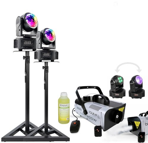 Ibiza - Pack Lumière 2 Lyres 2-en-1 Ibiza Light LED MH-ASTRO-WASH - Machine Fumée 900W - 2 Supports Lumières Soirée - Soirée DJ Mariage
