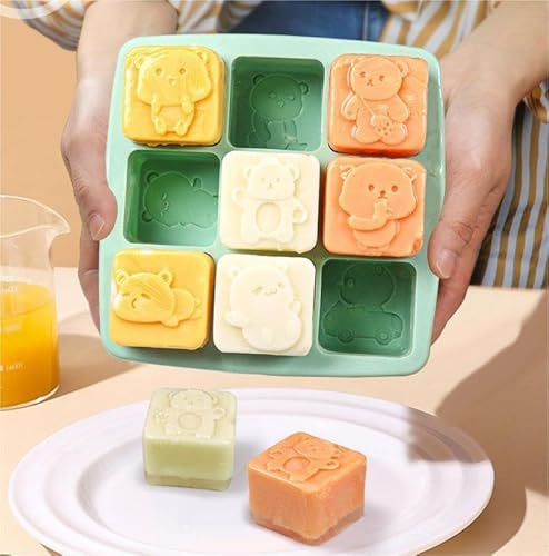 Silicone Ice Cube Tray for Freezer, Cute Bear-themed Baby Food Freezer Ice Tray with Lid BPA-Free, Perfect for Homemade Baby Food, Vegetables, Fruit Purees, and Breast Milk (9 slots, each 1 ounce)