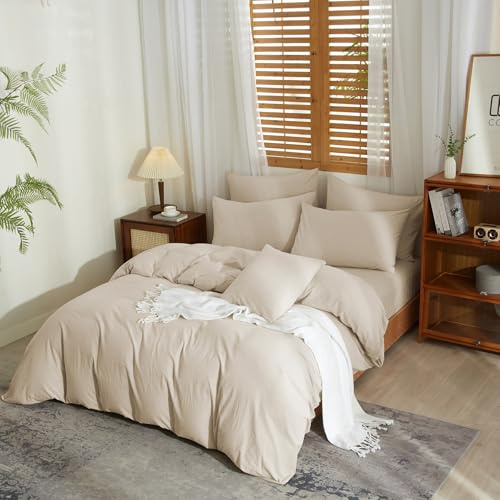 YASMENG Housse de Couette Demi-Lin 200x200 Beige Parure de Lit Mélangé Doux Respirant Douillet Coton Lin Linge de Lit 2 Personne avec Fermeture Éclair et Taies d'oreiller 65x65 cm