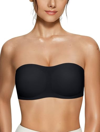 Vertvie Trådlös axelbandslös BH för kvinnor sömlös vadderad bandeau-bh halkfri silikontub topp push-up konvertibel bralette, Svart, L
