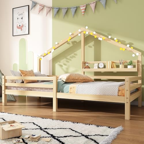 SOFTWEARY Kinderbett mit Lattenrost, Regal und Rausfallschutz, Holzbett aus Kiefer, Hausbett, Einzelbett, Jugendbett (Natur, 90 x 200 cm)