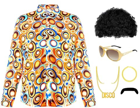 shengo Costume disco des années 70 et 80 pour homme, style rétro des années 70, chemises à manches longues, hippie, floral, vintage, chemise afro, perruque collier pour Halloween, carnaval, mardi