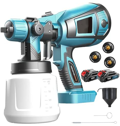 Akku Farbsprühsystem Ersatz für Makita 18V Akku, mit 2 x 3.0AH Akku und Ladegerät, 1000ml Abnehmbarer Behälter, 3 Düsen (1.0/1.8/2.5mm) und 3 Spritzmuster,zum Streichen von Wänden