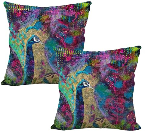 Peacock Cushion Covers - 2PCS 45x45 Purple and Lilac Floral Throw Pillow Cases for Living Room, Bedroom - Elegant Plum Linen Square Design