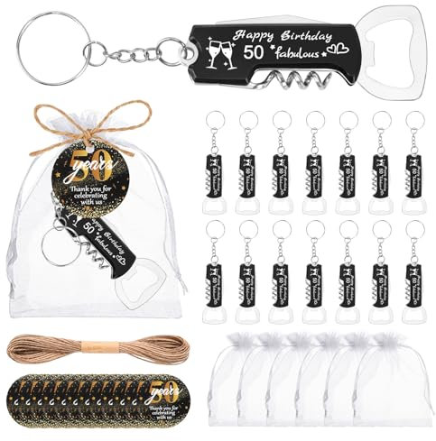 30 Sets 50th Bottle Opener Keychain Bulk 50th Birthday Party Favors for Guests, Multifunctional 50th Beer Wine Bottle Opener with Gift Bags Thank You Cards, for Birthday Decoration Souvenirs