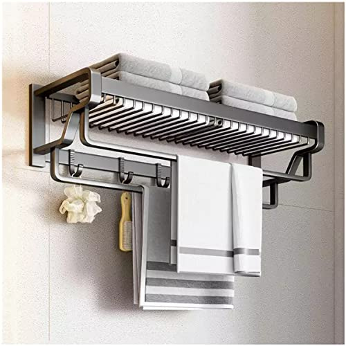 Toallero de aluminio negro con estante y ganchos, soporte para toallas de baño montado en la pared, para cocina, inodoro, hotel, oficina, autoadhesivo, a prueba de óxido, barras dobles