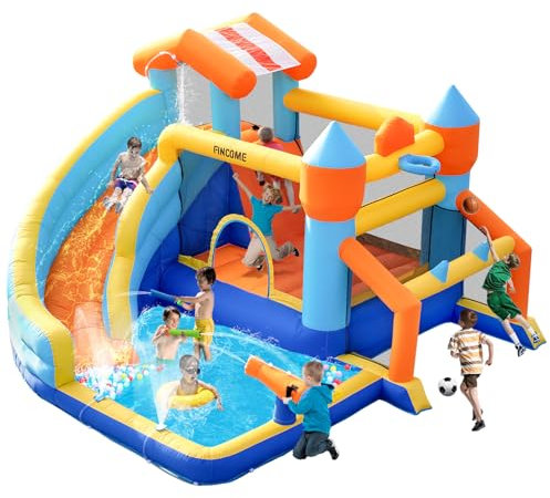 SportBob Hüpfburg mit Gebläse und Wasserrutsche für Kinder Indoor und Outdoor, hüpfburgen XXL mit Fußballtor, Wasserbüchse und Basketballkorb, Wasserpark für den Kinder Garten Geburtstag Party