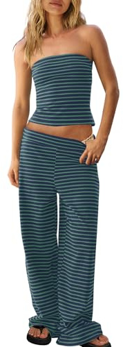 Panadila Womens Striped Two Piece Sets Summer Lounge Outfits Sailor Tube Top and Pants Matching Set Beach Vacation Travel Y2k | 2 Piece Sets, Beach Vacation Outfits, Travel, Sailor Tube Top, Wide Leg Pants, Maching Set, Y2k, Summer