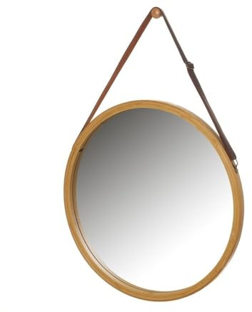 LOLAhome Espejo Redondo de 50 cm con Correa Ajustable de Polipiel, Marco de Bambú Natural. Espejo de Pared para Baño, Comedor, Salón o Recibidor