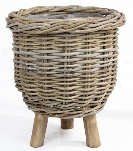 Klocke Dekorationsbedarf Rattan Pflanzkorb - mit Standfüßen & Folie - Handgeflochtener Blumenkübel für Innen & Außen (Grau, ⌀ 34 cm H: 40 cm)