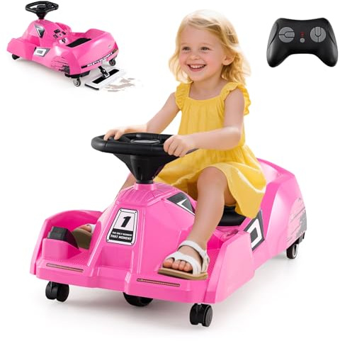 COSTWAY 3-i-1 elektrisk gokart för barn, 12 V rengöringskort med avtagbar mopp, 2–4 km/h, govagn med musik, fjärrkontroll och tupe, barnfordon trampbil för 2–5 år barn (rosa)