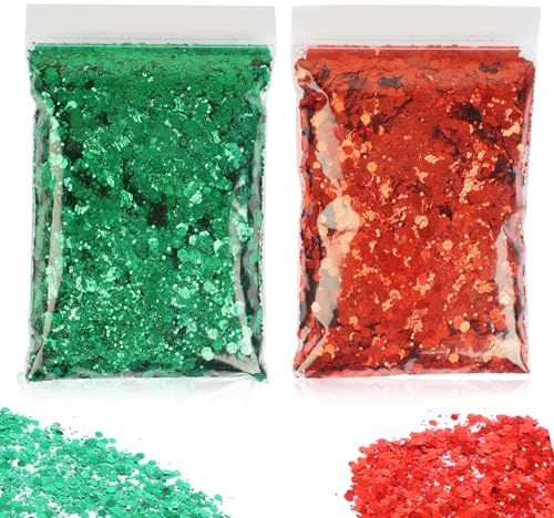 100g Glitzer Rot Grün, Glitter Glitzerpulver zum Basteln, Gemischte Grobe Feine Glitzer Basteln, Weihnachten Glitzerpuder für Nägel Gesicht Make-up DIY Epoxidharz Kartenbasteln(Rot Grün-Mix)
