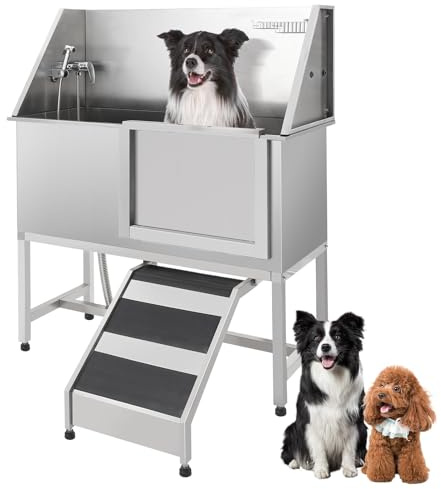 ActiveTrail Professional Dog Washing Station,62 Stainless Steel Pet Grooming Tub w/Sliding Door, Non-Slip Steps,Faucet & Showerhead & Soap Holder Bathtub,for Medium & Small Dogs, Supports 250Lbs