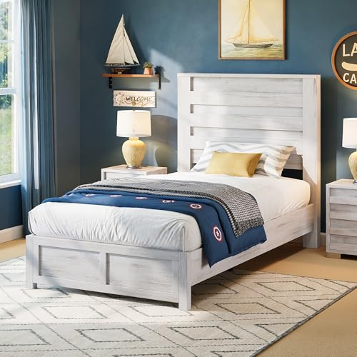 AMERLIFE Farmhouse Twin Bed Frame with 49 Fluted Headboard, Platform Bed with Natural Wood Grain Finish, Noise Free, No Box Spring Needed, Distressed White