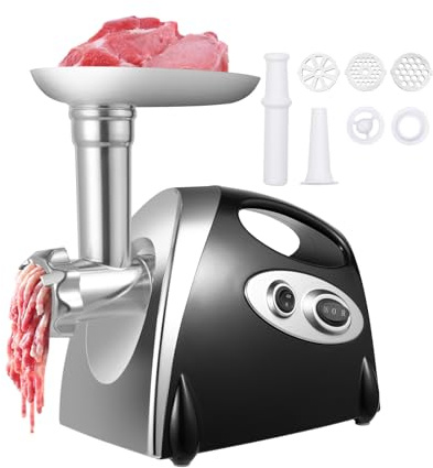 MIIWWOWO Elektrischer Fleischwolf aus Edelstahl 800W, Schwarz Elektrisch Fleischmaschine für Küche 220V, mit 3 Schneidplatten & Wurstfüller, 1,5–2kg/min, 33x18x32,5cm