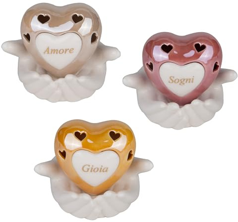 PuntoCasaStore 1 Pz Pensiero Cuore su Mani Porcellana bomboniera 2026 Idea Regalo Decorazione casa Matrimonio Anniversario Elegante complemento Arredamento (Lumin 10x9 cm 3ass.)