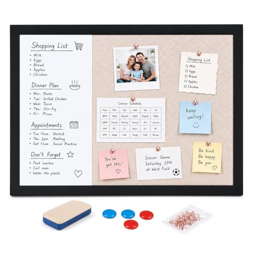 Morvexa Pizarra combinada 2 en 1 de 60 x 40 cm, pizarra blanca magnética con tablero de fieltro y pared de fotos con accesorios para oficina, hogar, guardería, aula, plan semanal, habitación infantil