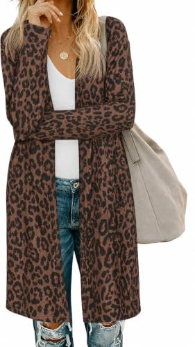 Fisoew Damkofta öppen front långärmad kofta lätt stickad kappa lång tröja med fickor, leopard, XXL