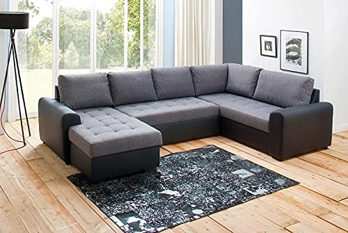 AVANTI TRENDSTORE - Merlin - Divano ad angolo con funzione letto e cassettone integrato in microfibra, nero/grigio, Penisola lunga ordinabile a sinistra o a destra (Penisola sinistra)