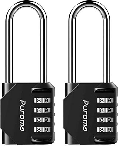Puroma 2 Pack Combination Lock 4 Digit 2.6 Inch Padlock Gate Shed Black | For Outdoor Fence, Hasp locker, Long shackle, Side Window, Resettable, Weatherproof, Crack Cutting Resist, Hardened Steel
