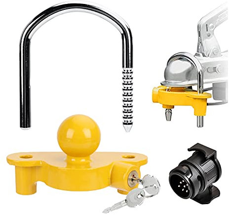 Anhängerschloss Hochsicherer Anhänger Diebstahlschutz - Anhänger Schloss Feinstem Messing Kreuzschloss mit Gratis 13 auf 7 Adapter Diebstahlsicherung Anhänger Wohnwagen PKW Deichselschloss Hänger Gelb