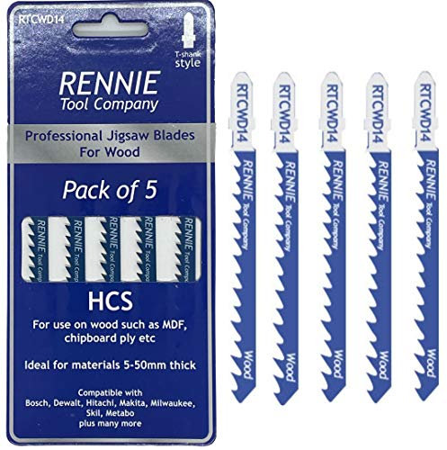 Pack Of 5 Rennie Tools - Straight and Fast Cuts Jigsaw Blades For Wood Compatible With Bosch Dewalt Makita Milwaukee And More