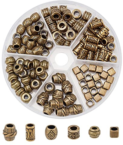 NBEADS 110 Stück 6 Stile Legierung Europäische Perlen, Tibetische Dreadlock Perlen Bronze Antike Zwischenperlen Große Lochketten Haarperlen Für DIY Schmuckherstellung, Bohrung: 4-5.5 mm