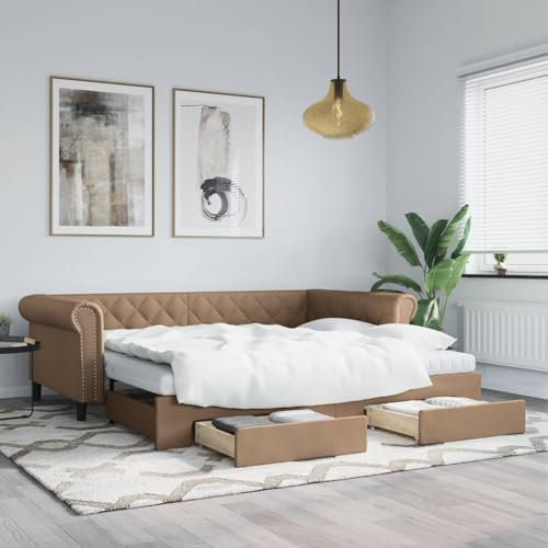 Homgoday Tagesbett Ausziehbar mit Schubladen Schlafbett Schlafsofa Ausziehbett Sofabett Bettsofa Loungesofa Ausziehsofa Schlafcouch Gästebett Sofa Couch für Wohnzimmer Braun 90x200 cm Kunstleder