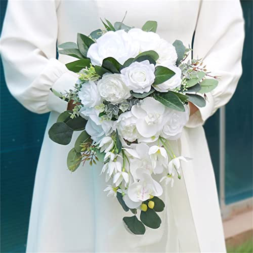 Weiße Hochzeitssträuße Künstliche Rosenblumen Wassertropfen Hochzeitsstrauß Rustikal Hochzeitsstrauß Wasserfall für Hochzeitskirchenzeremonie Jubiläum