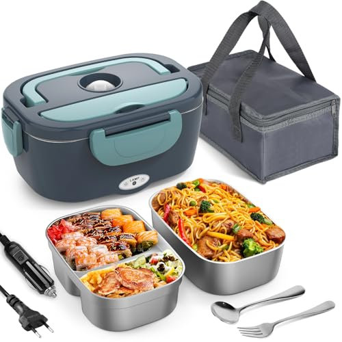 Herrfilk Boîte à déjeuner électrique pour adulte 80 W avec sac, fourchette et cuillère en acier inoxydable et 2 boîtes à repas de 1,5 l, 3 en 1 12/24/110 ~ 230 V, anti-fuite, pour voiture, camion,