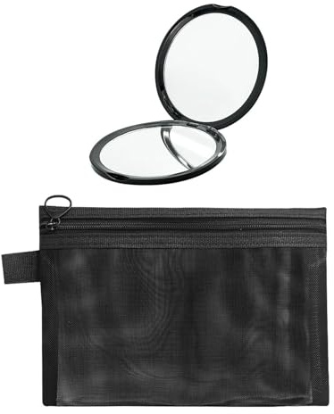 YSJCHEBS 1 Specchio Compatto, 1 Borsa Per Cosmetici, Specchio Ingranditore Da Viaggio, Nero, Taglia Unica, Modern, Portatile, Rotondo, ABS, Vetro, Senza Cornice, Per Viaggi E Uso Quotidiano