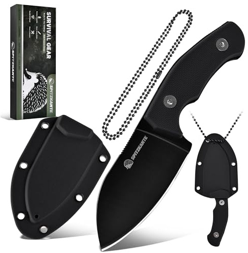 SPITZKANTE Neck Knife Messer P-DA, Kleines Messer Full Tang 5Cr14MoV Stahl, Feststehende Klinge 7, 1cm Klingenlänge mit ABS Scheide Kugelkette, Voll-Schwarz