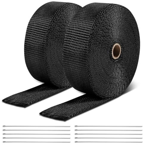 DNA MOTORING WRAP-50-ZIP-BK-2P Lot de 2 rouleaux de ruban d'isolation thermique en fibre de verre pour pot d'échappement de voiture et moto avec 5 attaches de verrouillage en acier inoxydable, 5,1 cm