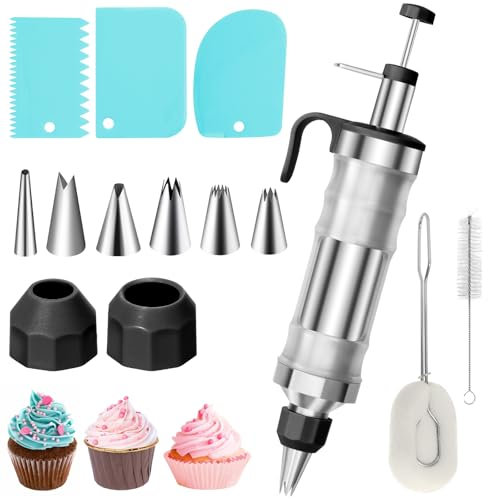 Icing Piping Kit Dessert Cake Decorating Set,Stainless Steel Icing Piping Nozzle Cake Decorating Tools,14 Pcs DIY Frosting Baking Tools with 6 Icing Nozzles & 3 Cream Scrapers (Black)