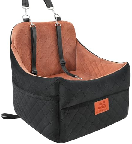 GL GLENSLAVE Dog Car Seat for Small/Medium Dogs, Dog Booster Car Seats with Thick Cushion for Dogs Under 35 lbs, Detachable Washable Pet Carseat with Storage Pockets, 2 Safety Belts(Black/Brown)