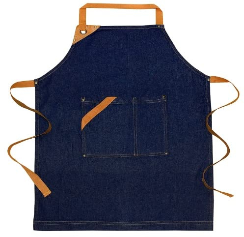 AKCOT 100% Cotton Denim Kitchen Apron with Pocket and Adjustable Neck with Long Ties Apron 25 X 31 for Women Men Chef Cooking, Baking, Gardening, Blue