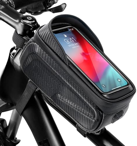 Bolsa Cuadro Bicicleta Impermeable PU, Soporte Teléfono Móvil, Porta-Móvil Bici para Smartphone Hasta 6,8, Accesorio Manillar Bicicleta Montaña con Agujero Auriculares (Negro)