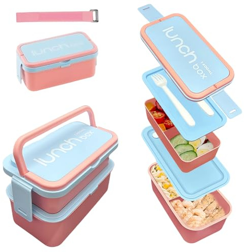 Echehi 1400ml Boite Repas Compartiment, Lunch Box Intégrées à 2 Couches, Bento Lunch Box Anti-fuite avec Couverts pour le Travail, L'école, Pique-nique