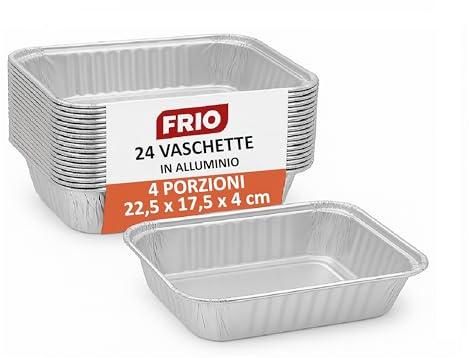 FRIO 24 bandejas de aluminio rectangulares para alimentos | 4 porciones 17,5 x 22,5 x 5,5 cm | bandejas de aluminio para horno, congelador, para llevar | resistentes y desechables