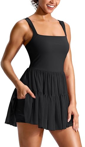 Soothfeel Tennis Dresses for Women Athletic Dress with Built in Shorts & Bra Flowy Golf Workout Dresses with Pockets Summer Black, X-Large