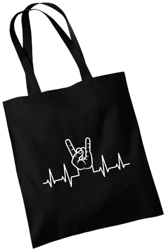 OM3 Heavy Metal Herzschlag Baumwolltasche Pommesgabel Motiv & Teufelsgruß - Festival Tasche für Metal Fans - Baumwollbeutel - Tasche - Lange Henkel