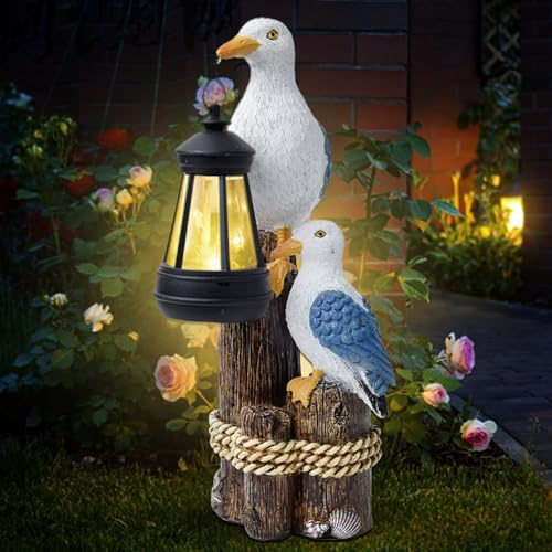 Embhlitfe Solar Powered Seagull or Pelican Garden Ornament - Weatherproof Resin Bird Statue with Hexagon Solar Light, Outdoor Garden Decor for Patio, Lawn Gift for Mum (Seagull)