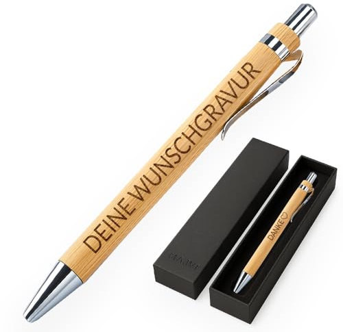 MAJVI Personalisierbarer Hochwertiger Kugelschreiber aus Holz mit Gravur – Nachhaltiger Holzstift – Geschenk für Lehrer, Kollegen, Abschluss, Vatertag – Eleganter Gravurstift mit Wunschtext (Bambus)