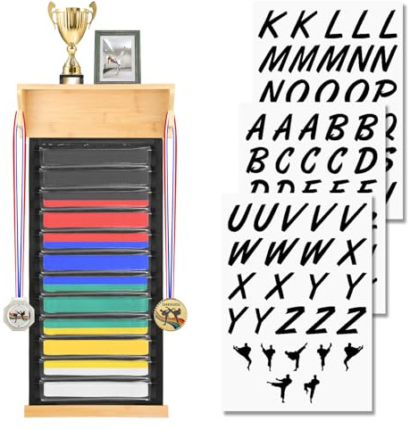SUMNACON Staubdicht Kampfsport Gürtelhalter für 12 Gürtel Taekwondo-Gürtelständer Wandmontage Gürtel Display für Medail Trophäen Zertifikate Foto Judogürtel Karategürtel Ninjitsu-Gürtel als Geschenk