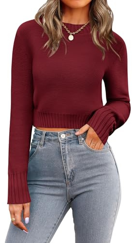 Zeagoo Womens Jumpers Long Sleeve Cropped Sweater Crew Neck Solid Pullover Ribbed Knit Sexy Crop Tops Autumn Winter Sweatshirt S-XXL